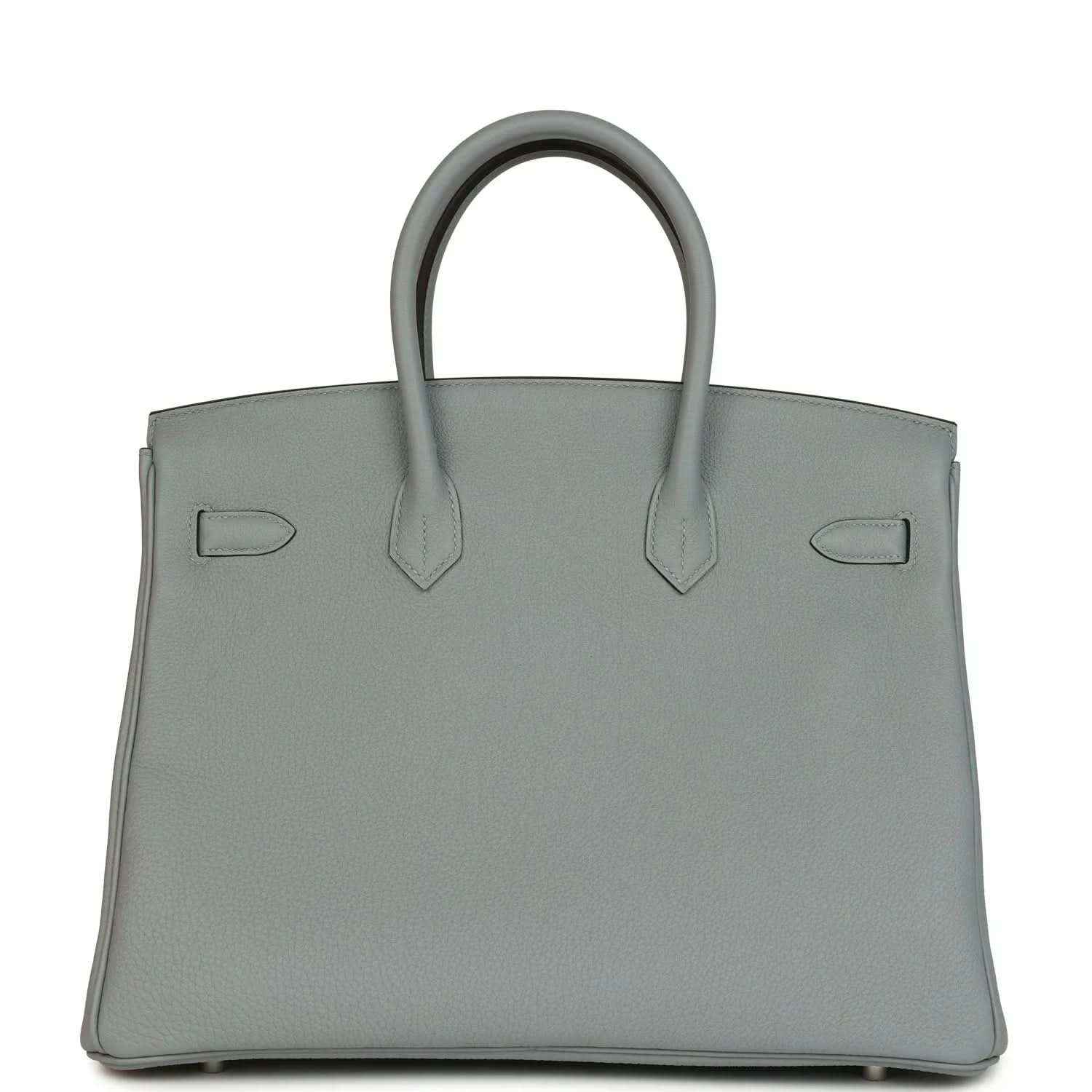 Gray Birkin 35 handbag front view with structured flap and two side pocket details