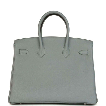 Gray Birkin 35 handbag front view with structured flap and two side pocket details