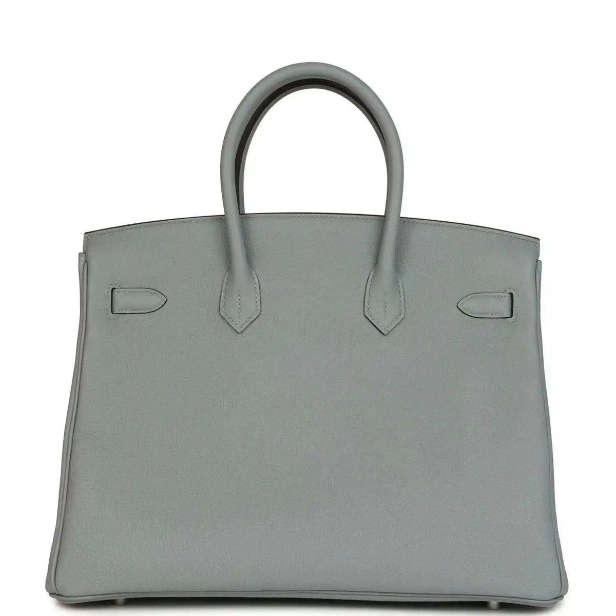 Gray Birkin 35 handbag front view with structured flap and two side pocket details