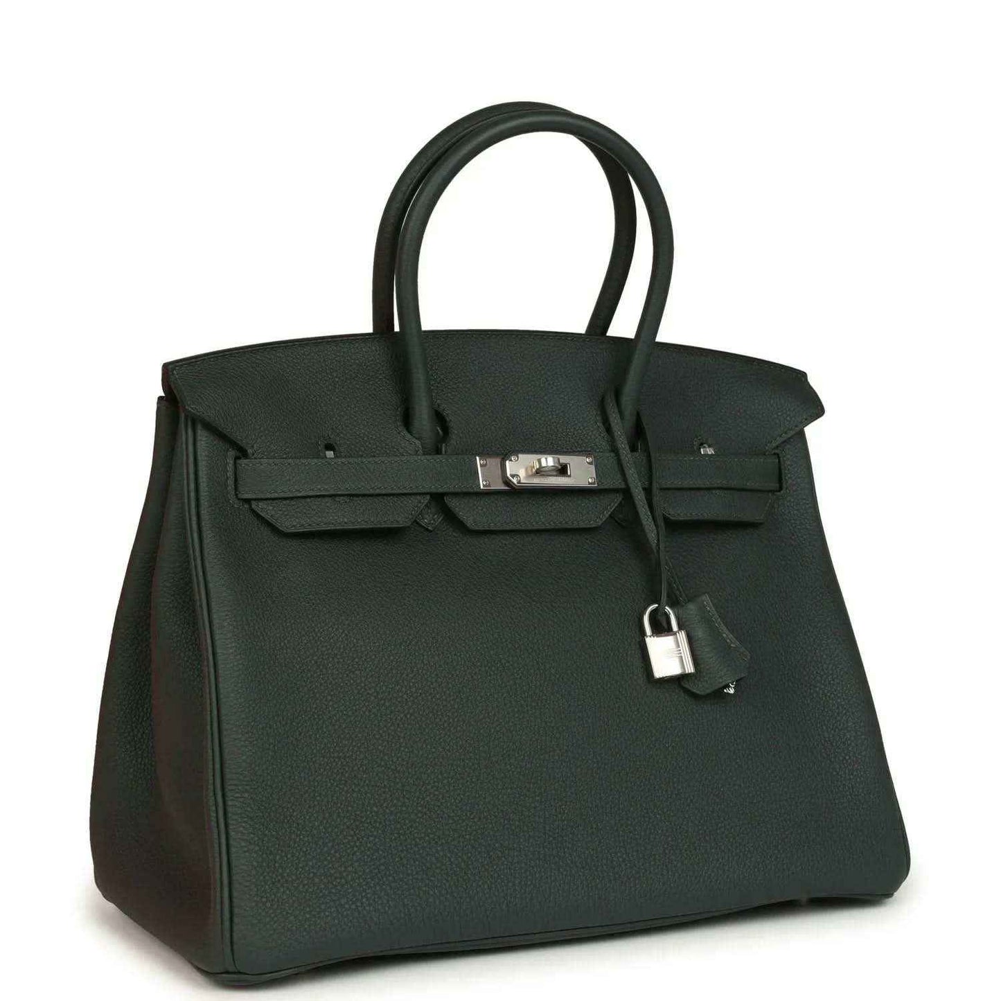 Structured handbag in dark green Togo leather, side view with top handles and silver-tone lock