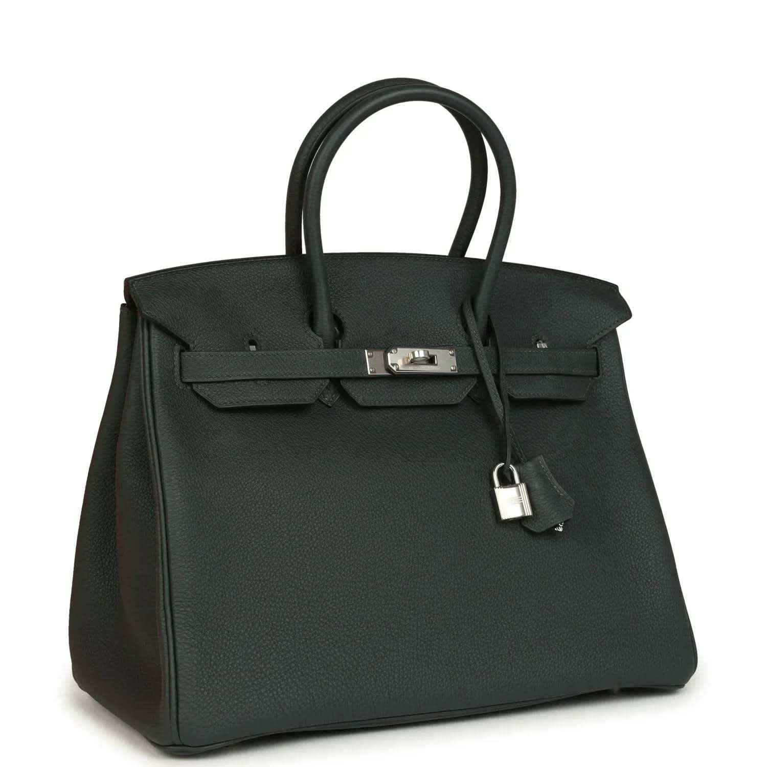 Structured handbag in dark green Togo leather, side view with top handles and silver-tone lock