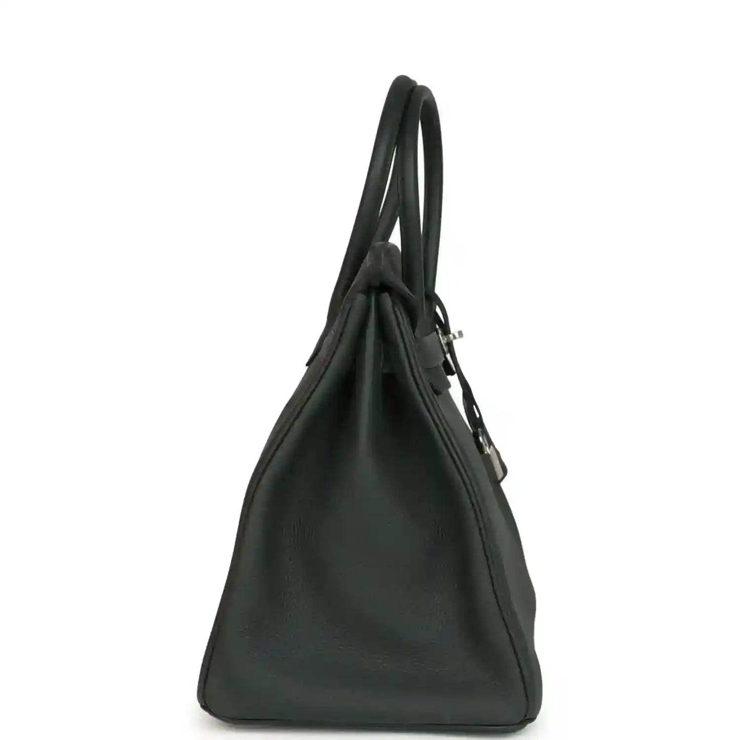 Togo leather handbag in dark green with side profile, top handles, and silver-tone hardware