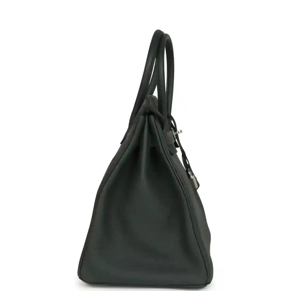 Togo leather handbag in dark green with side profile, top handles, and silver-tone hardware