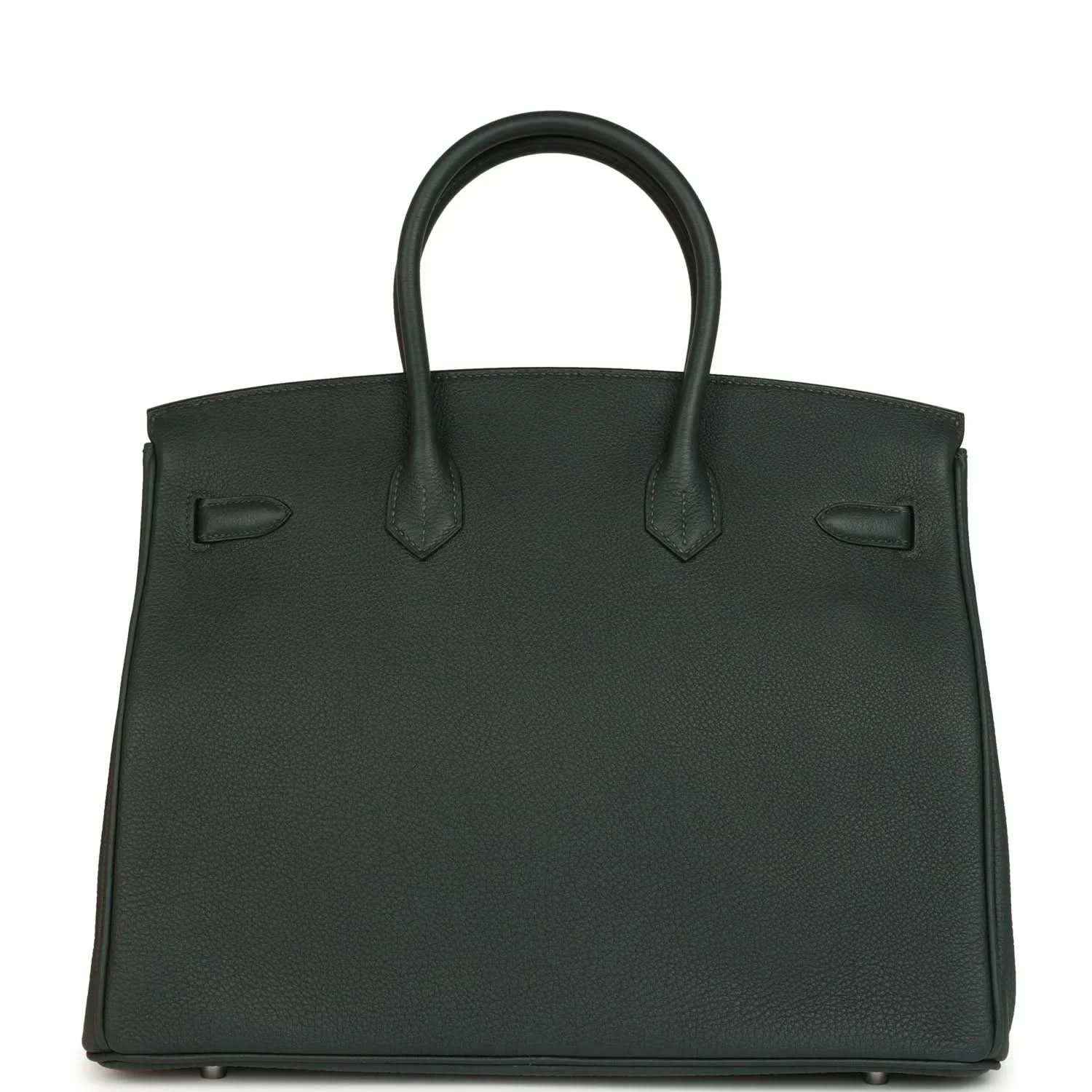Dark green Togo leather handbag with front flap, top handles, and silver-tone hardware