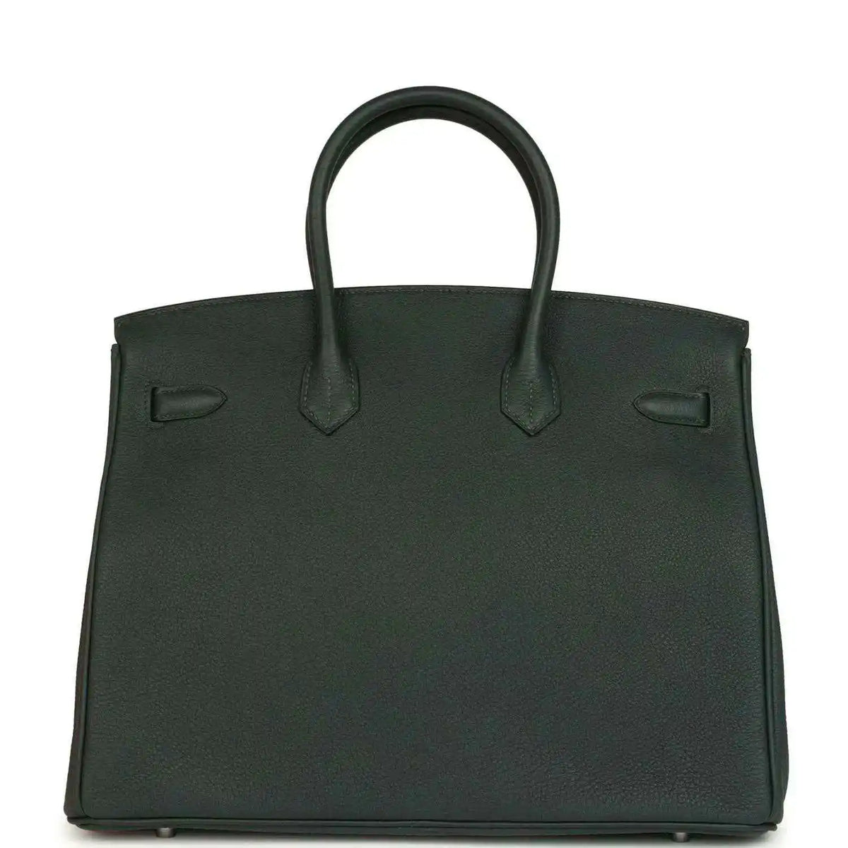 Dark green Togo leather handbag with front flap, top handles, and silver-tone hardware