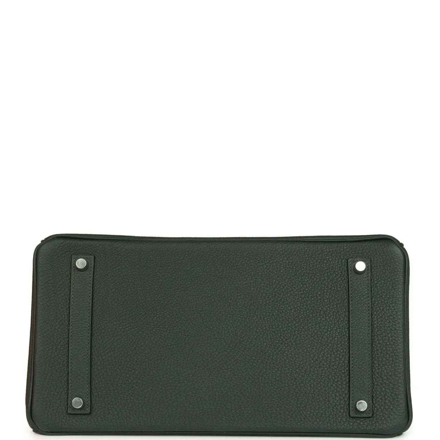 Dark green Togo leather handbag with two side snap tabs, flat front panel view