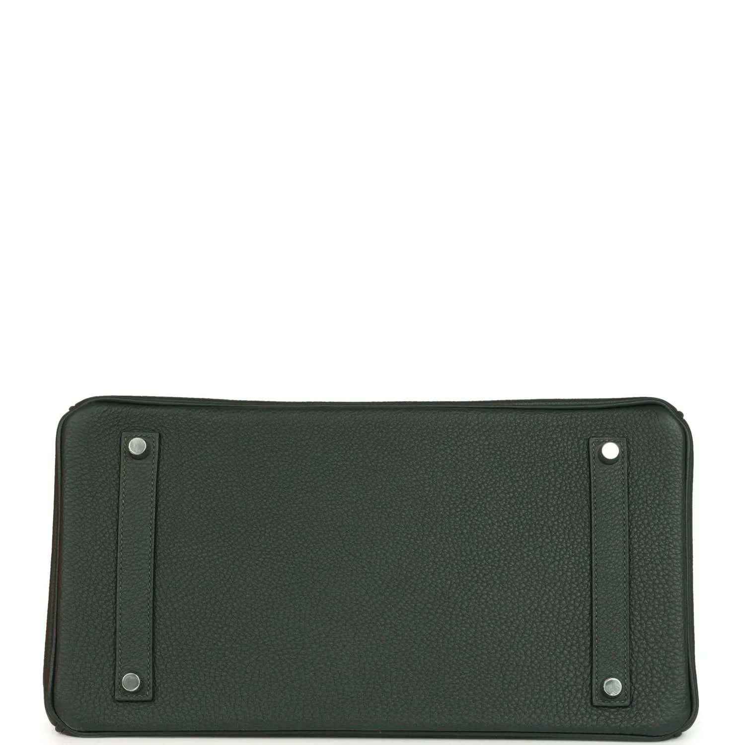 Dark green Togo leather handbag with two side snap tabs, flat front panel view