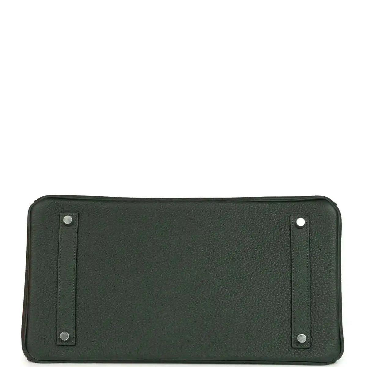 Dark green Togo leather handbag with two side snap tabs, flat front panel view
