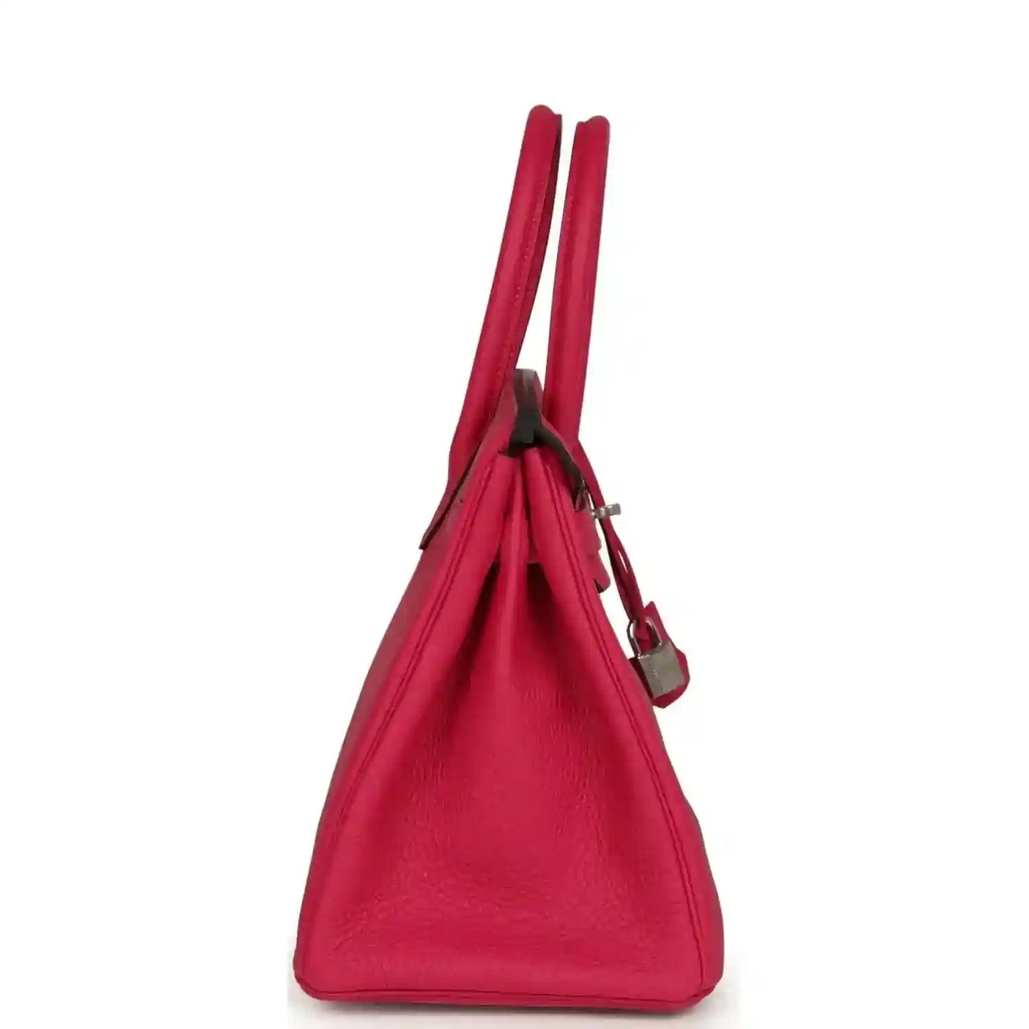 Hermes Birkin 30 leather handbag, rose pink, side view with hanging lock charm