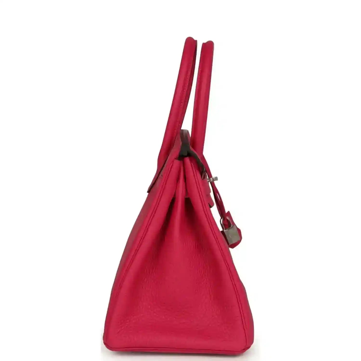 Hermes Birkin 30 leather handbag, rose pink, side view with hanging lock charm