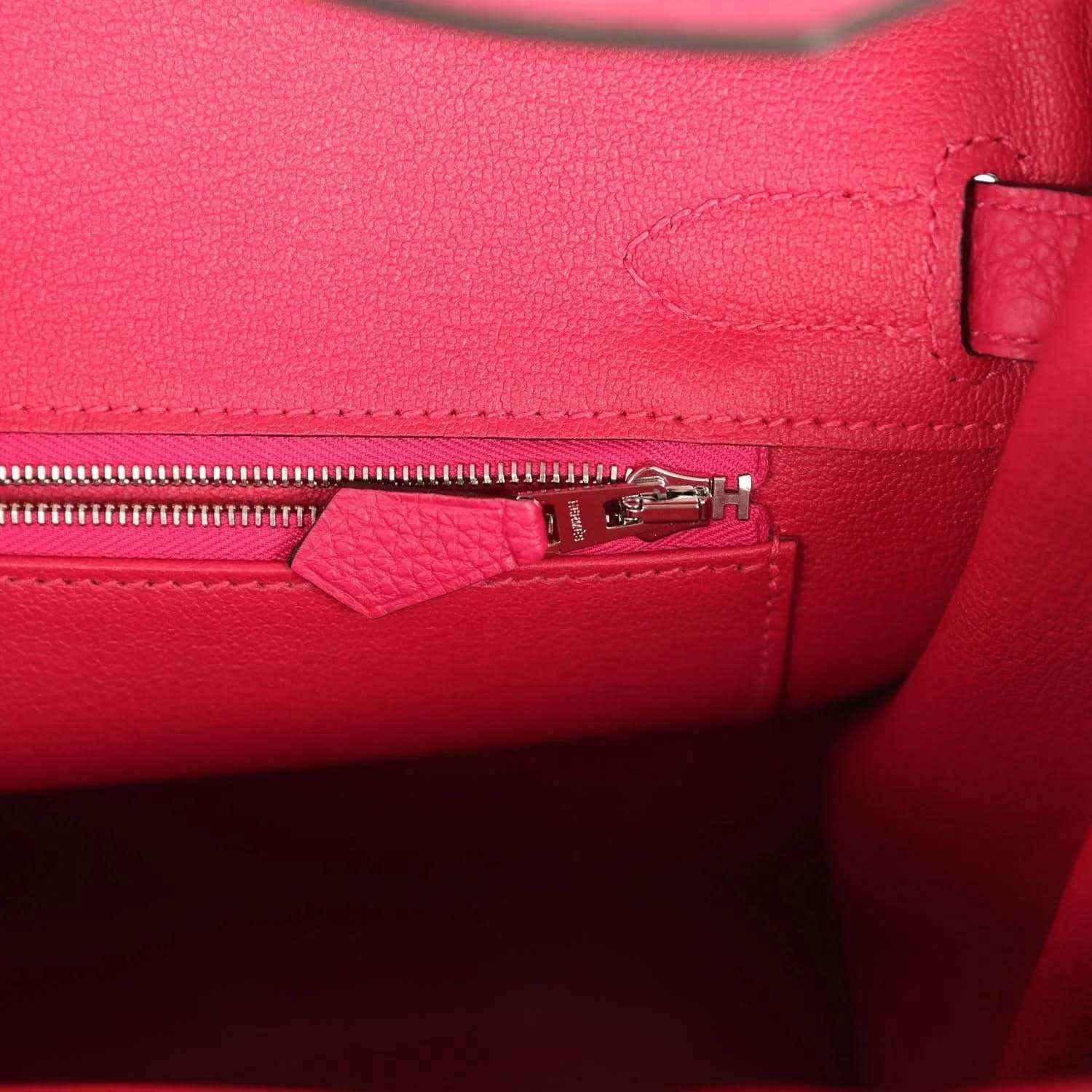 Hermes Birkin 30 leather handbag zip pocket detail in rose pink with metal zipper pull