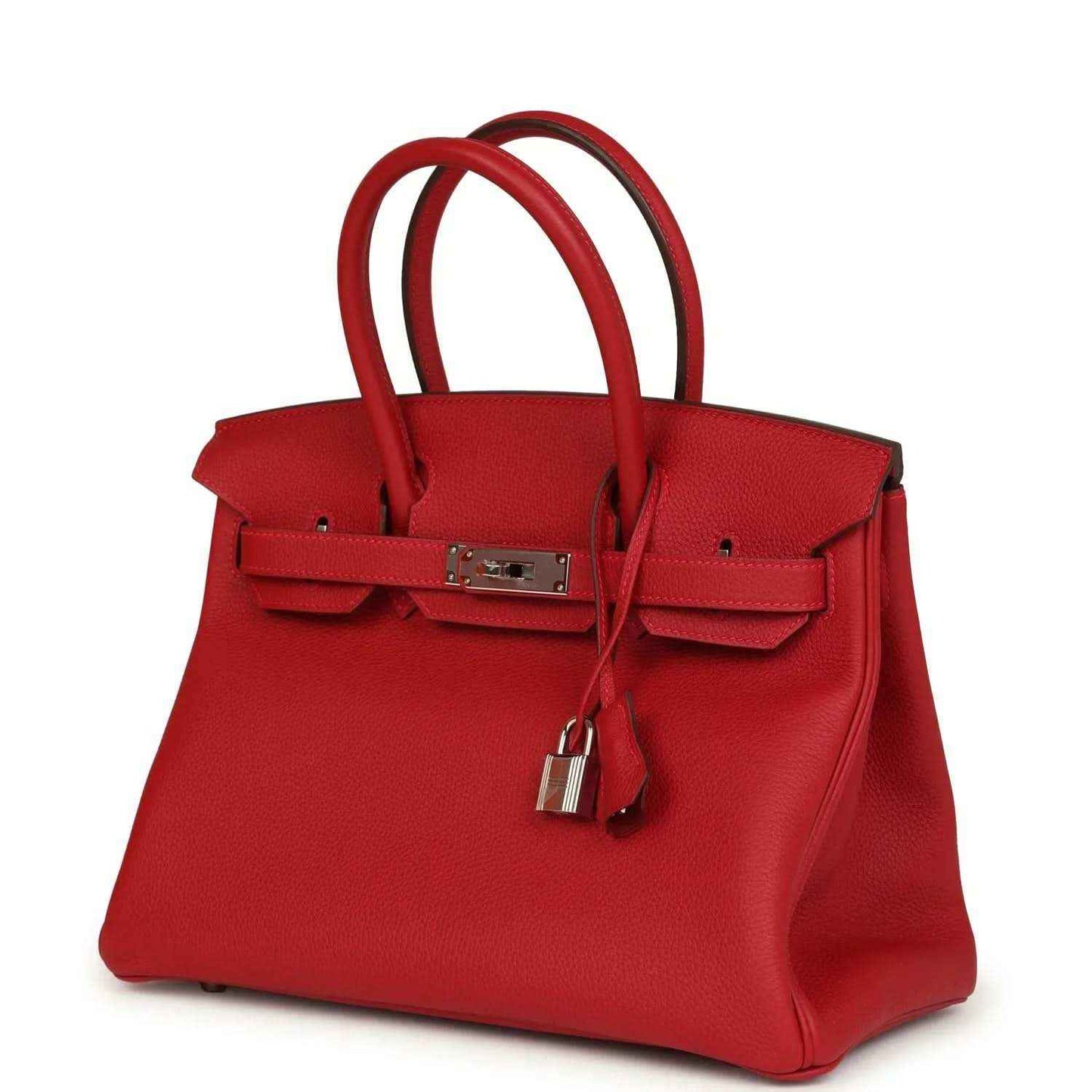 Hermes Birkin handbag in red Togo leather with front flap, lock and key pouch