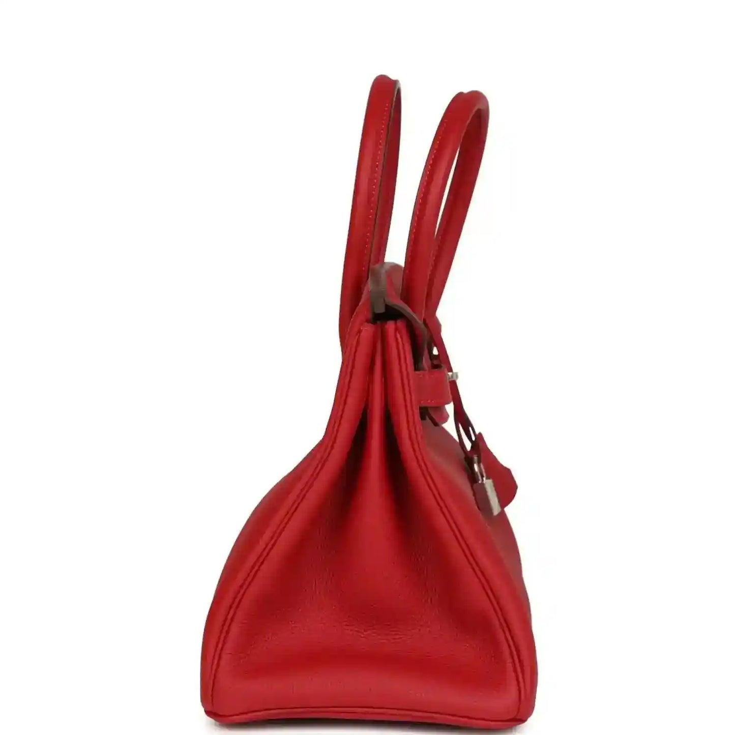 Hermes Birkin handbag in red Togo leather with top handles and side silhouette