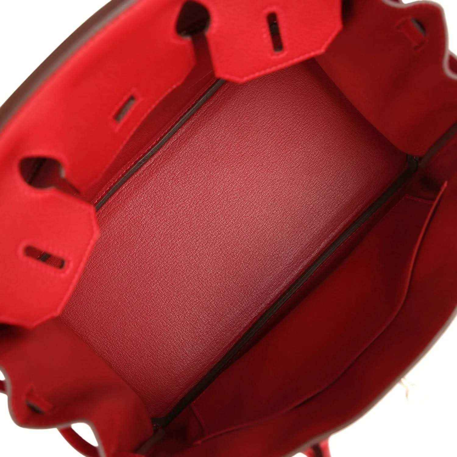 Hermes Birkin handbag interior in red Togo leather with open top and partition