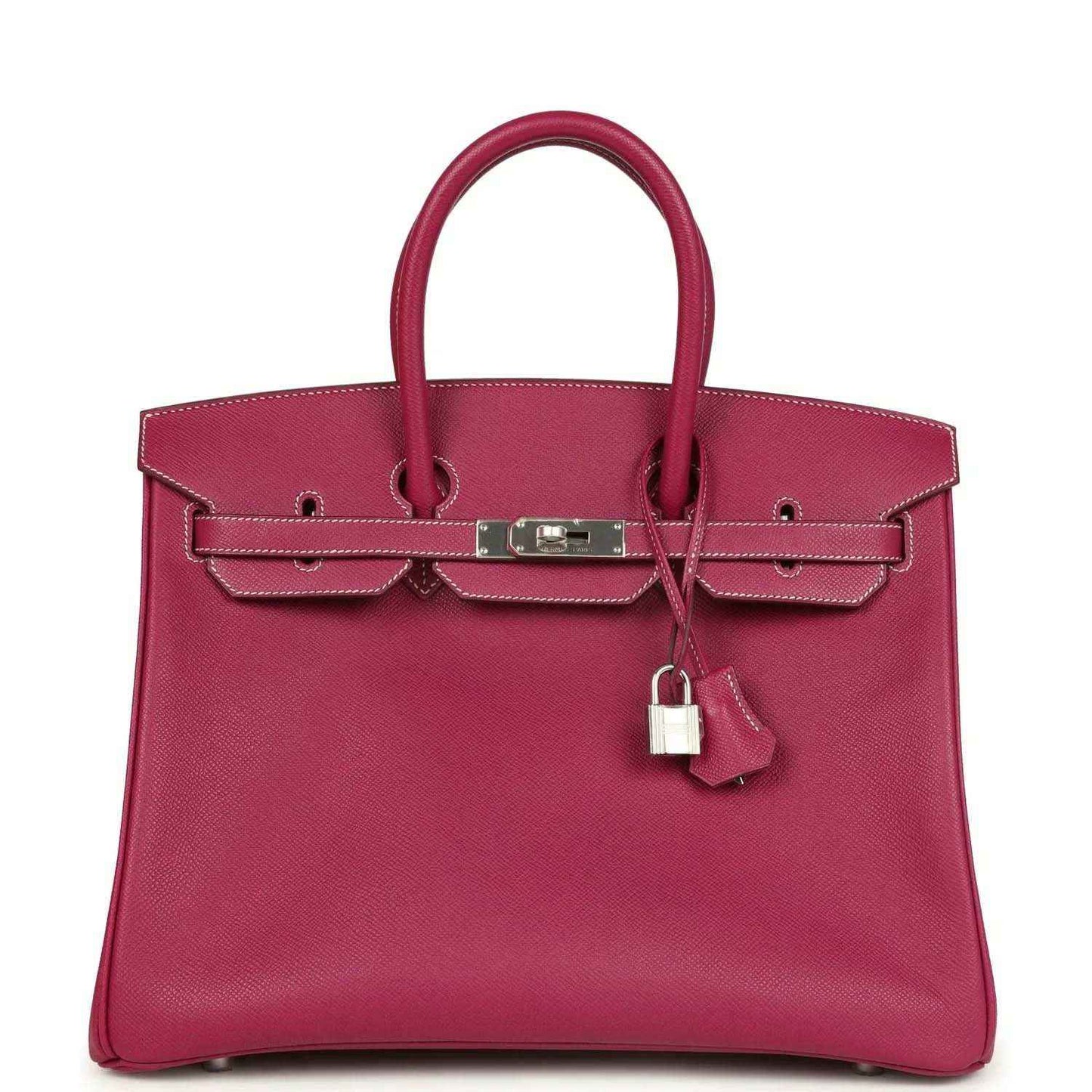 Pink Epsom leather handbag with top handles, front belt clasp, and hanging padlock charm.