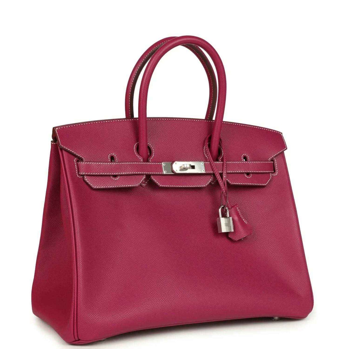 Pink Epsom leather handbag with top handles, front clasp, and hanging padlock charm.