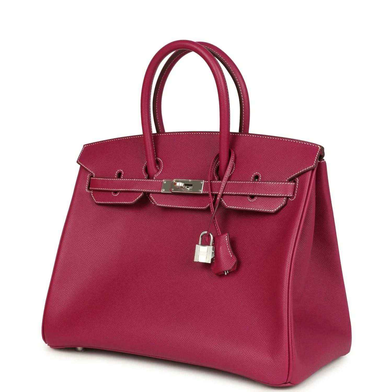 Pink Epsom leather handbag with front belt clasp and hanging padlock charm, structured base.
