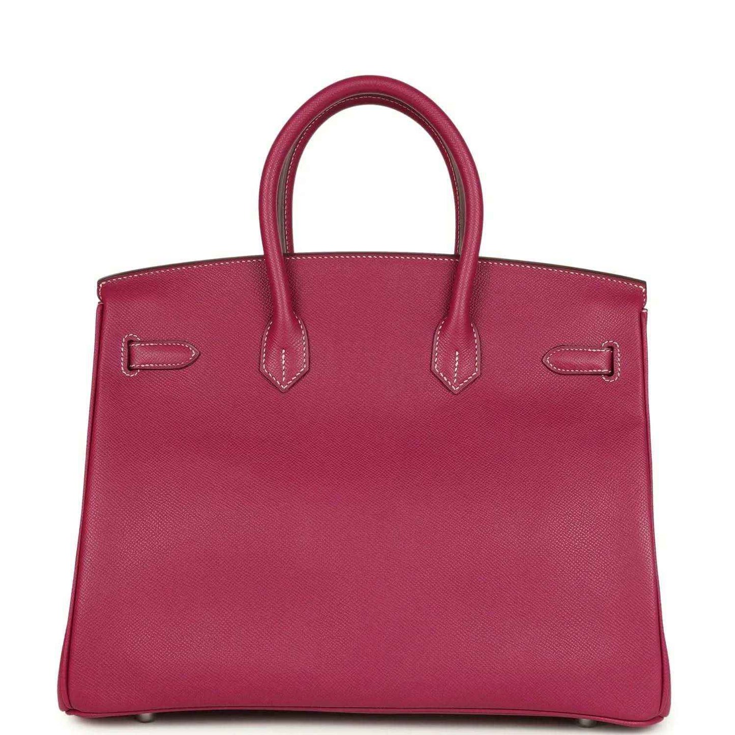 Pink Epsom leather handbag with top handles and stitched corner detail panels.