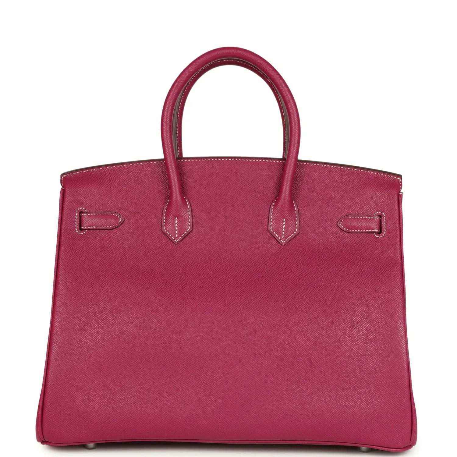 Pink Epsom leather handbag with top handles and stitched corner detail panels.