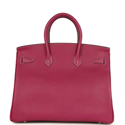 Pink Epsom leather handbag with top handles and stitched corner detail panels.