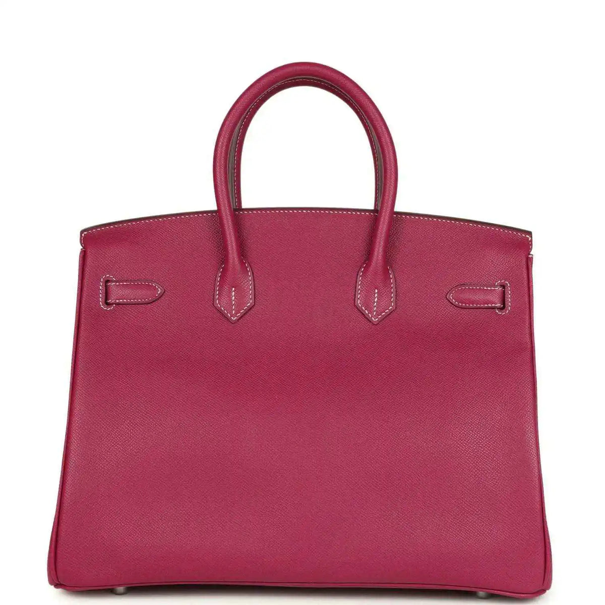 Pink Epsom leather handbag with top handles and stitched corner detail panels.