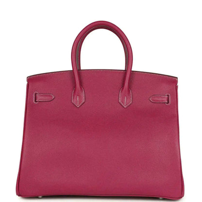 Pink Epsom leather handbag with top handles and stitched corner detail panels.