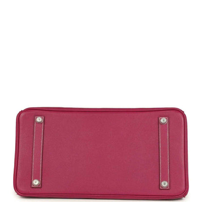 Pink Epsom leather handbag bottom with four protective studs and stitched edging.
