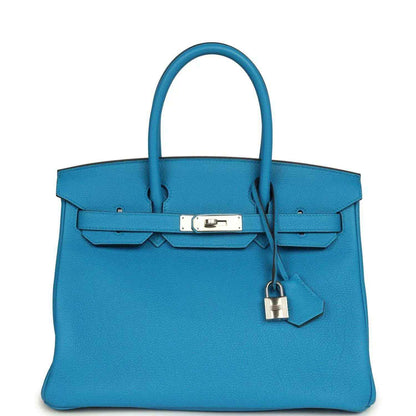 Blue leather Birkin-style handbag with top handles, front flap and lock clasp