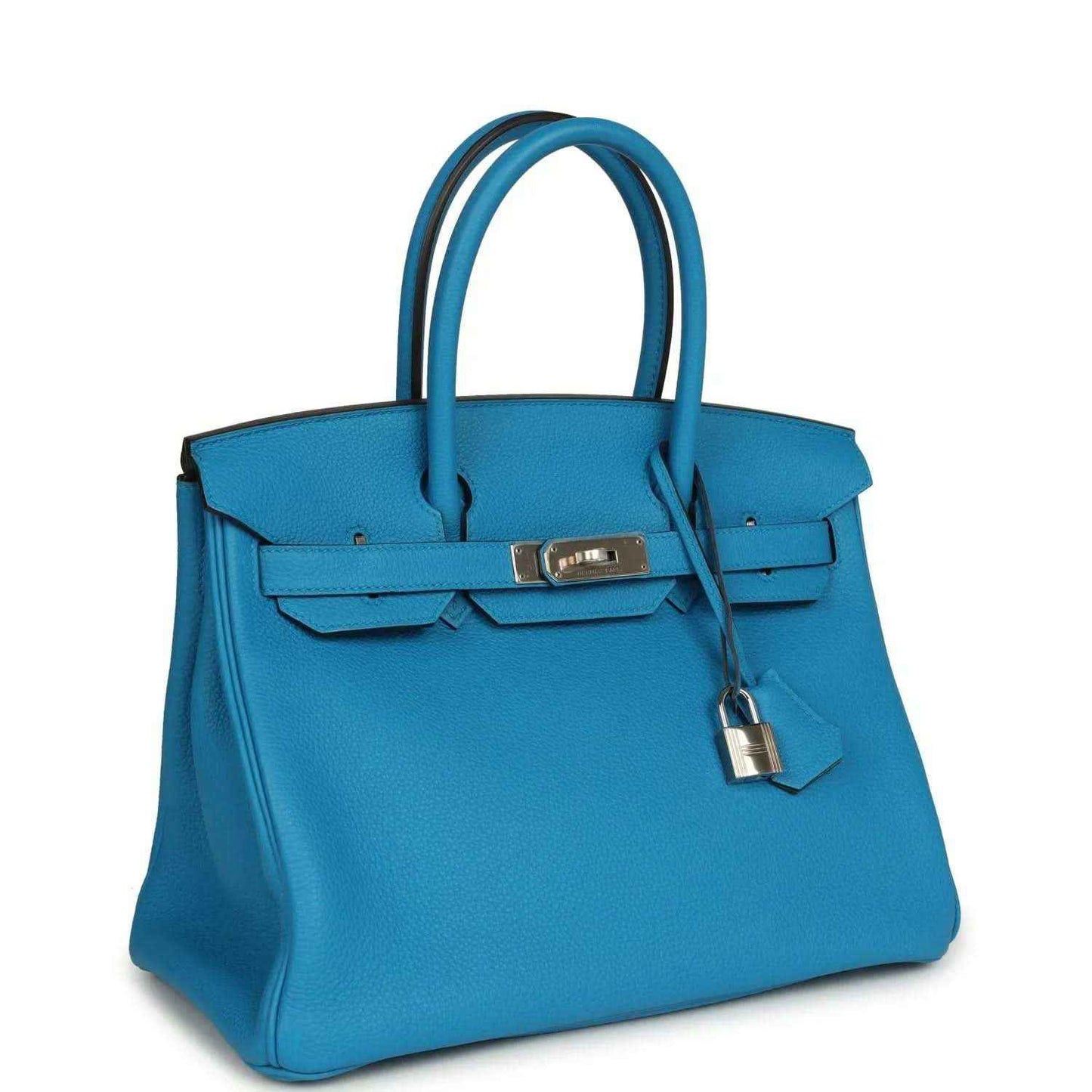 Blue leather Birkin-style handbag with top handles and front flap lock hardware