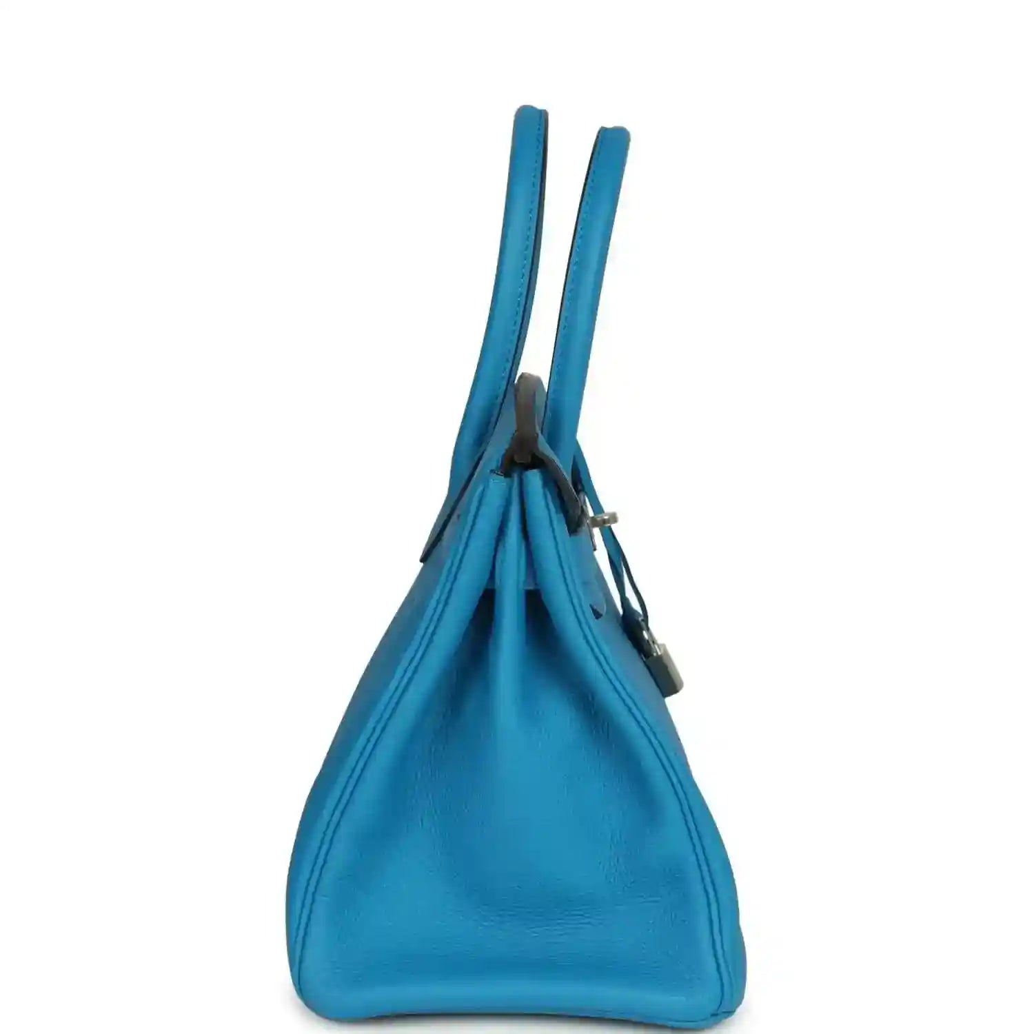 Blue leather handbag with two top handles and gathered top opening