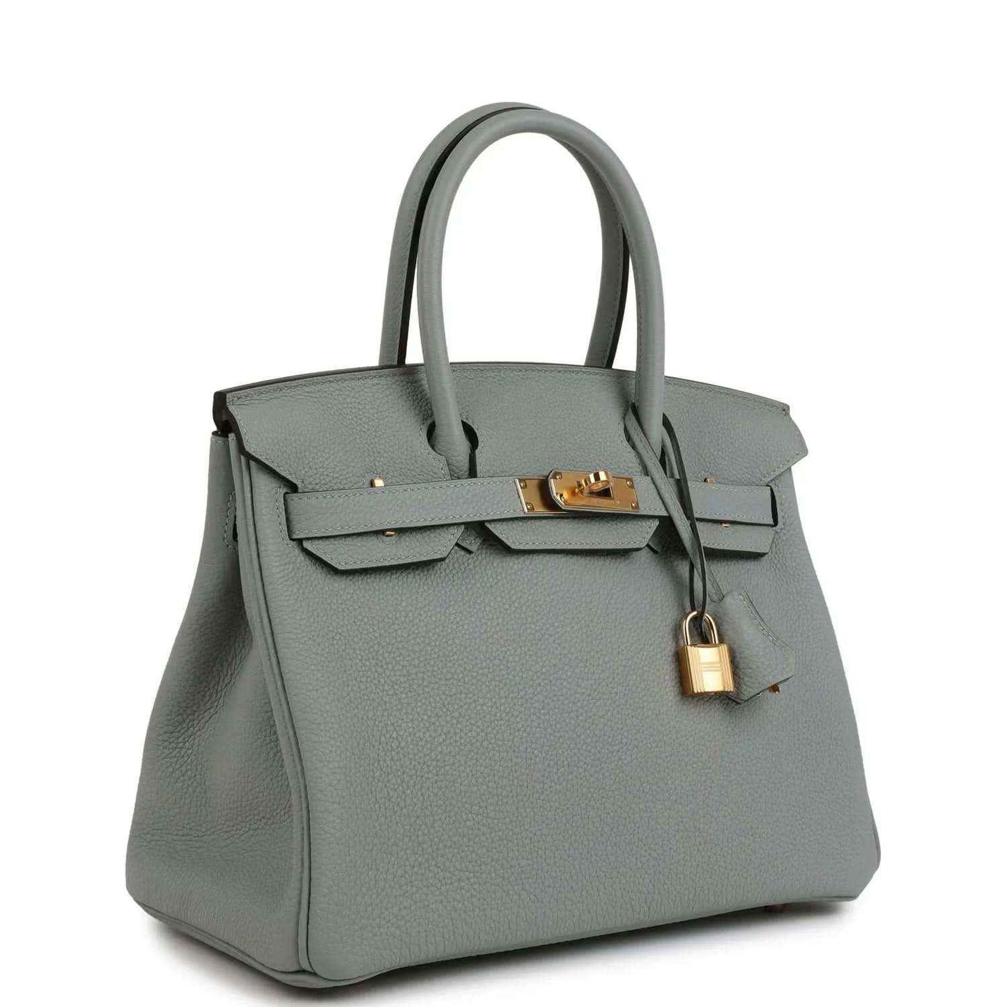 Light blue Togo leather Birkin 30 top-handle bag, gold turn-lock and lock charm