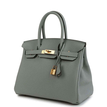Light blue Togo leather Birkin 30 top-handle bag with front flap and gold hardware
