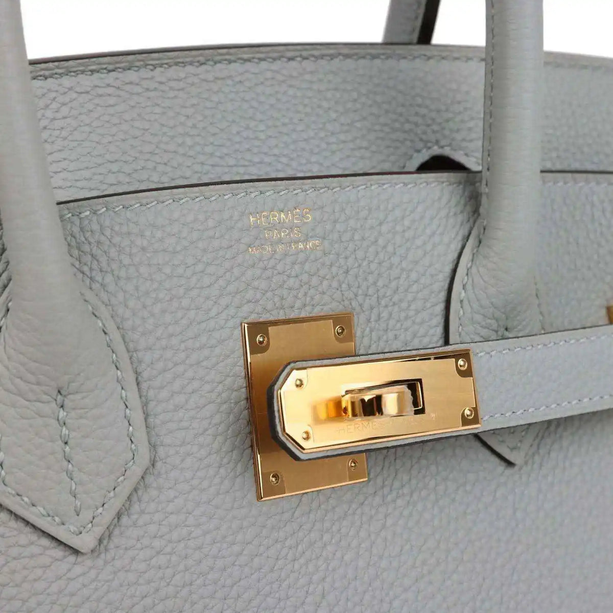 Light blue Togo leather Birkin 30 close-up: gold front turn-lock and stamp