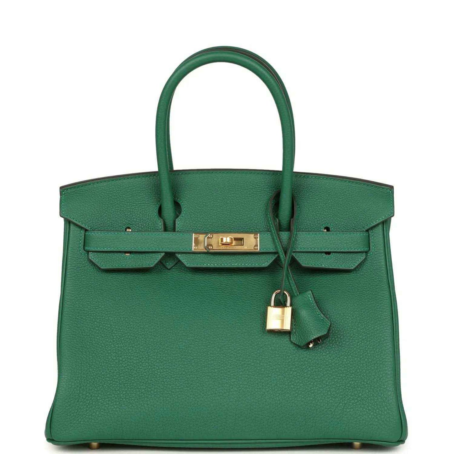 Green Togo leather Birkin handbag with gold front clasp and hanging lock