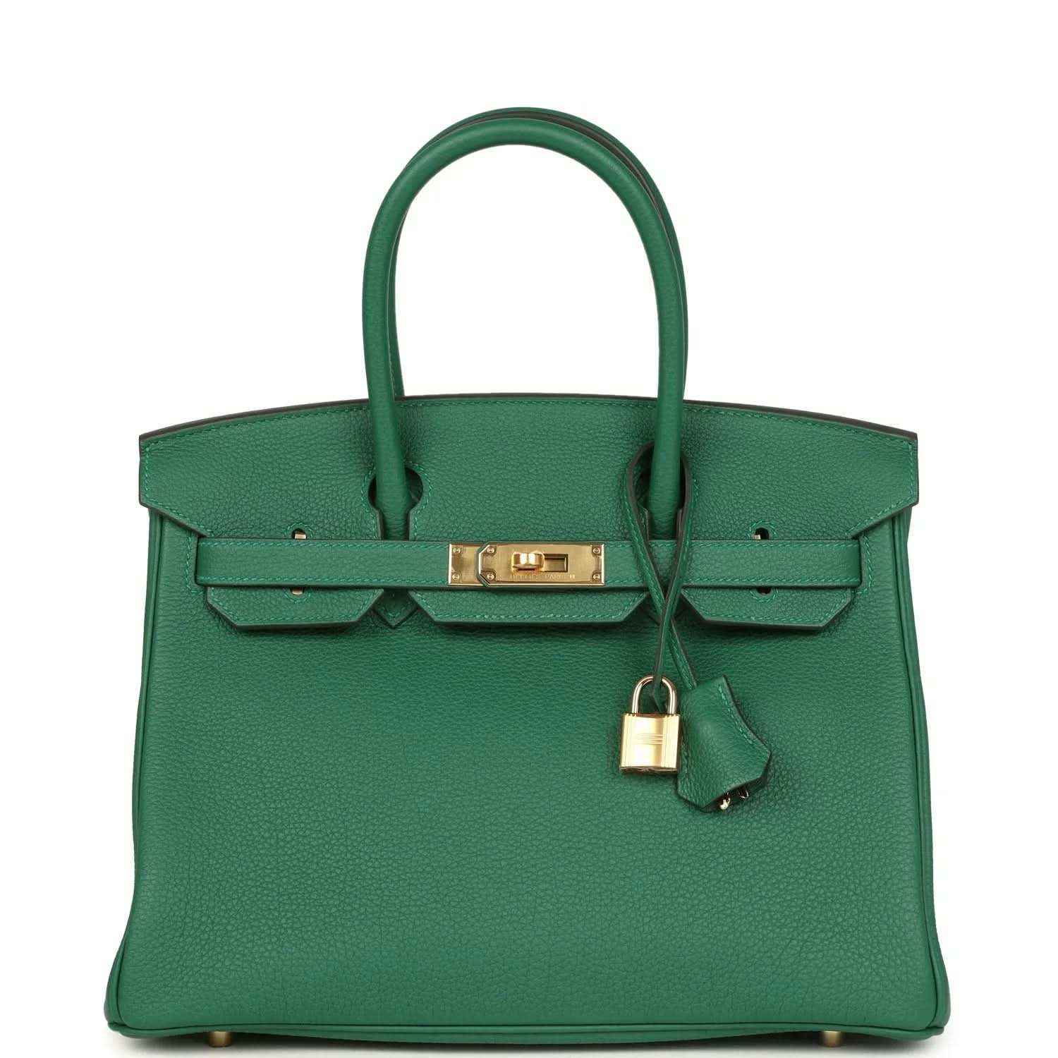 Green Togo leather Birkin handbag with gold front clasp and hanging lock