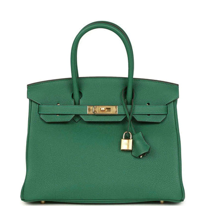 Green Togo leather Birkin handbag with gold front clasp and hanging lock