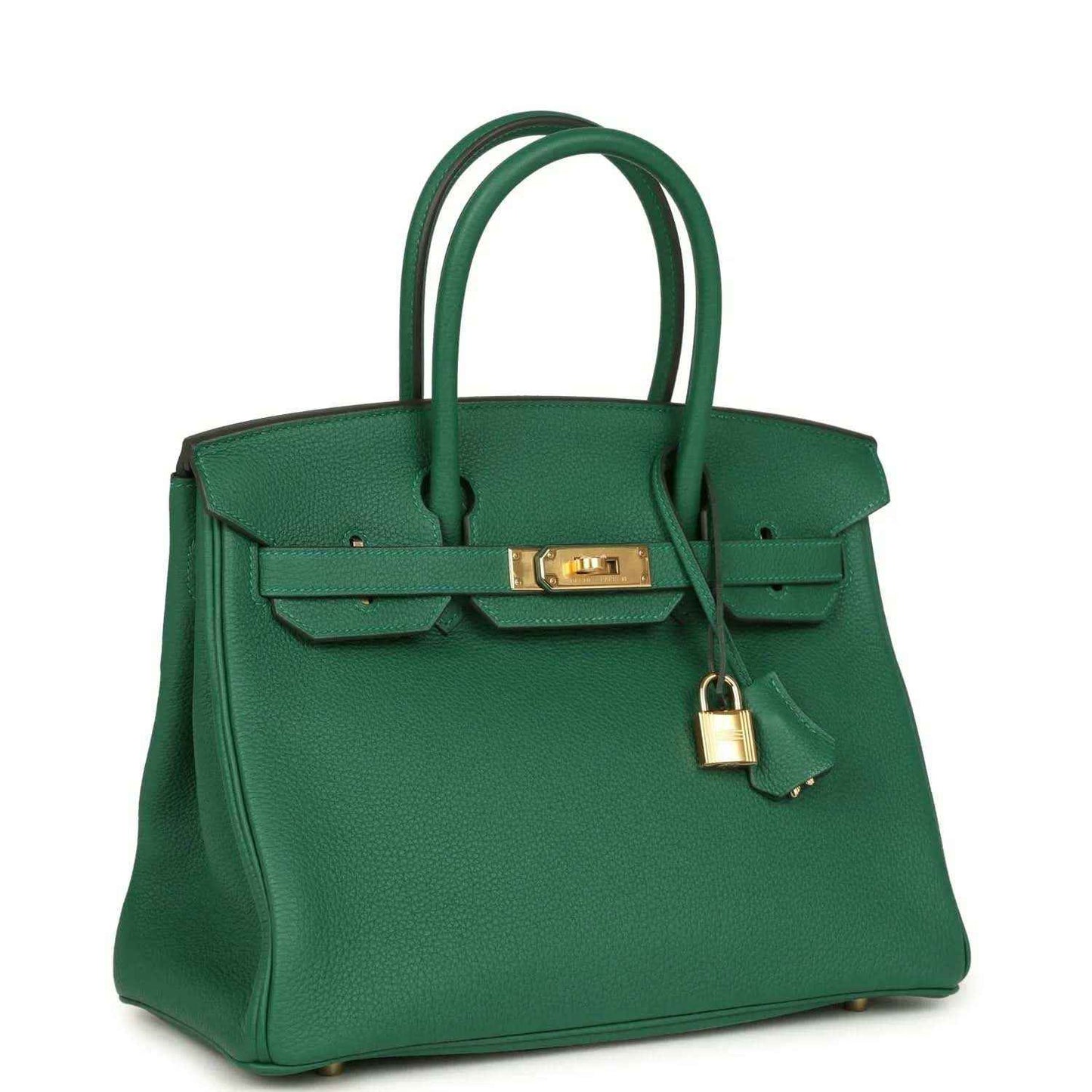 Green Togo leather Birkin handbag with gold front clasp and hanging lock