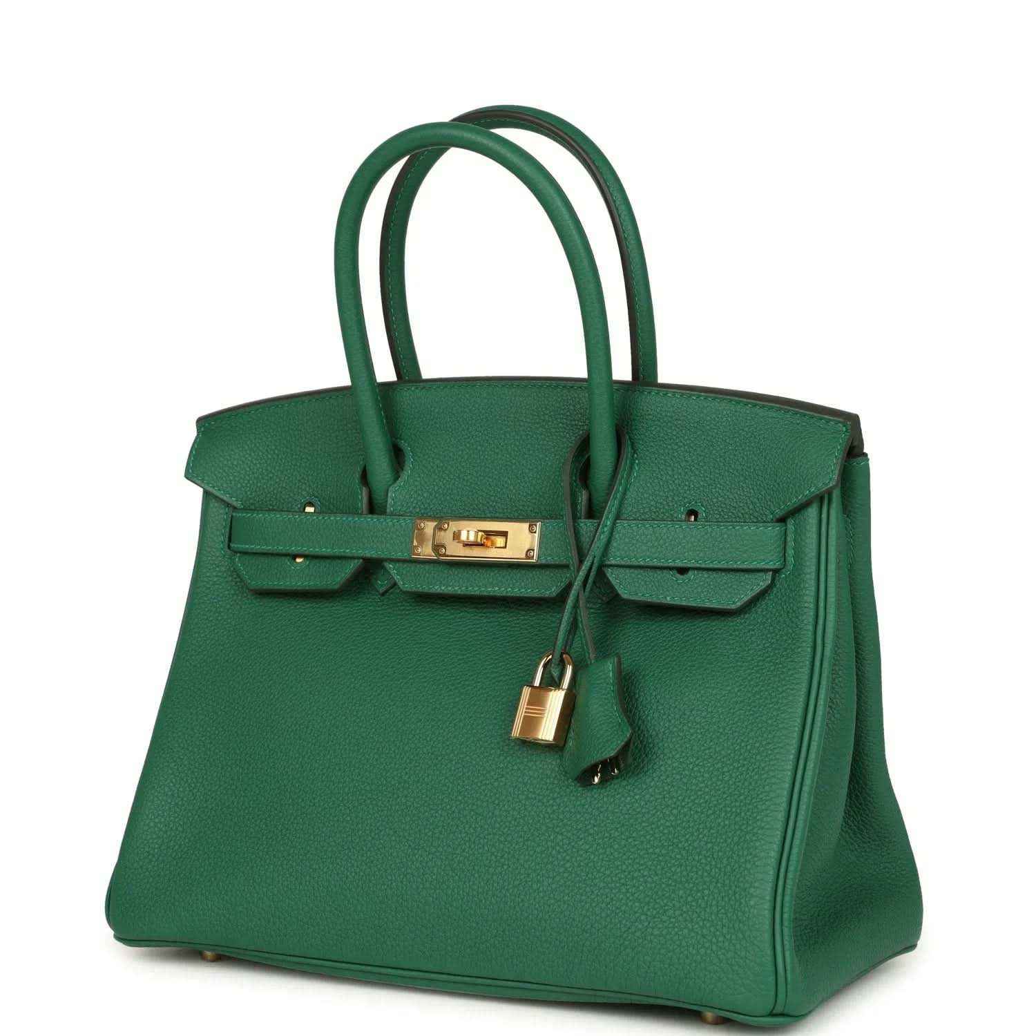 Green Togo leather Birkin handbag with gold front clasp and hanging lock, three-quarter view
