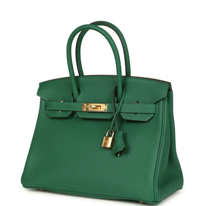 Green Togo leather Birkin handbag with gold front clasp and hanging lock, three-quarter view