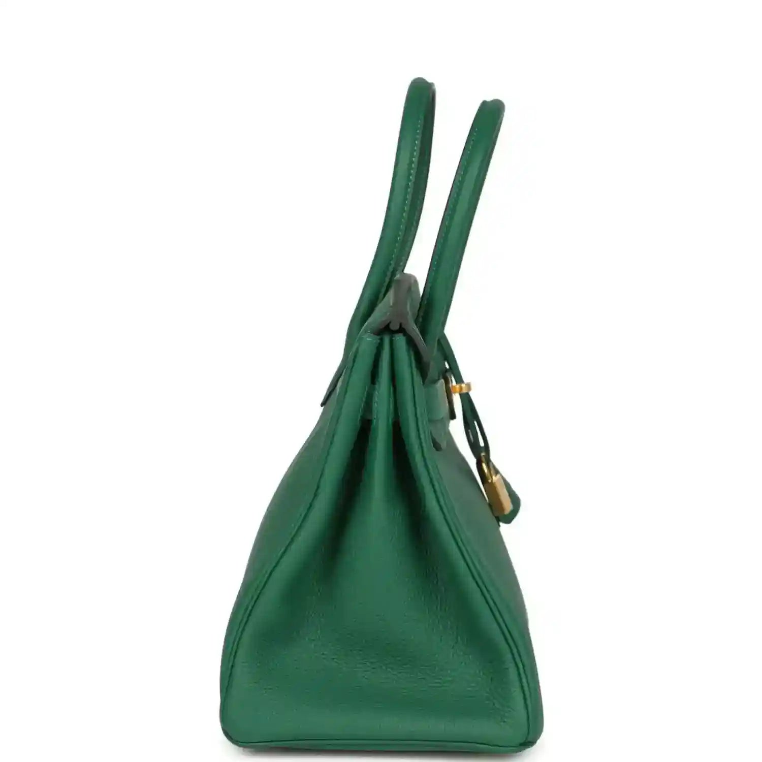 Green Togo leather Birkin handbag with two top handles and side view of lock hardware