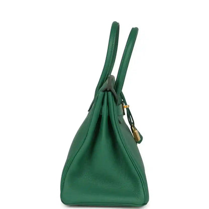 Green Togo leather Birkin handbag with two top handles and side view of lock hardware