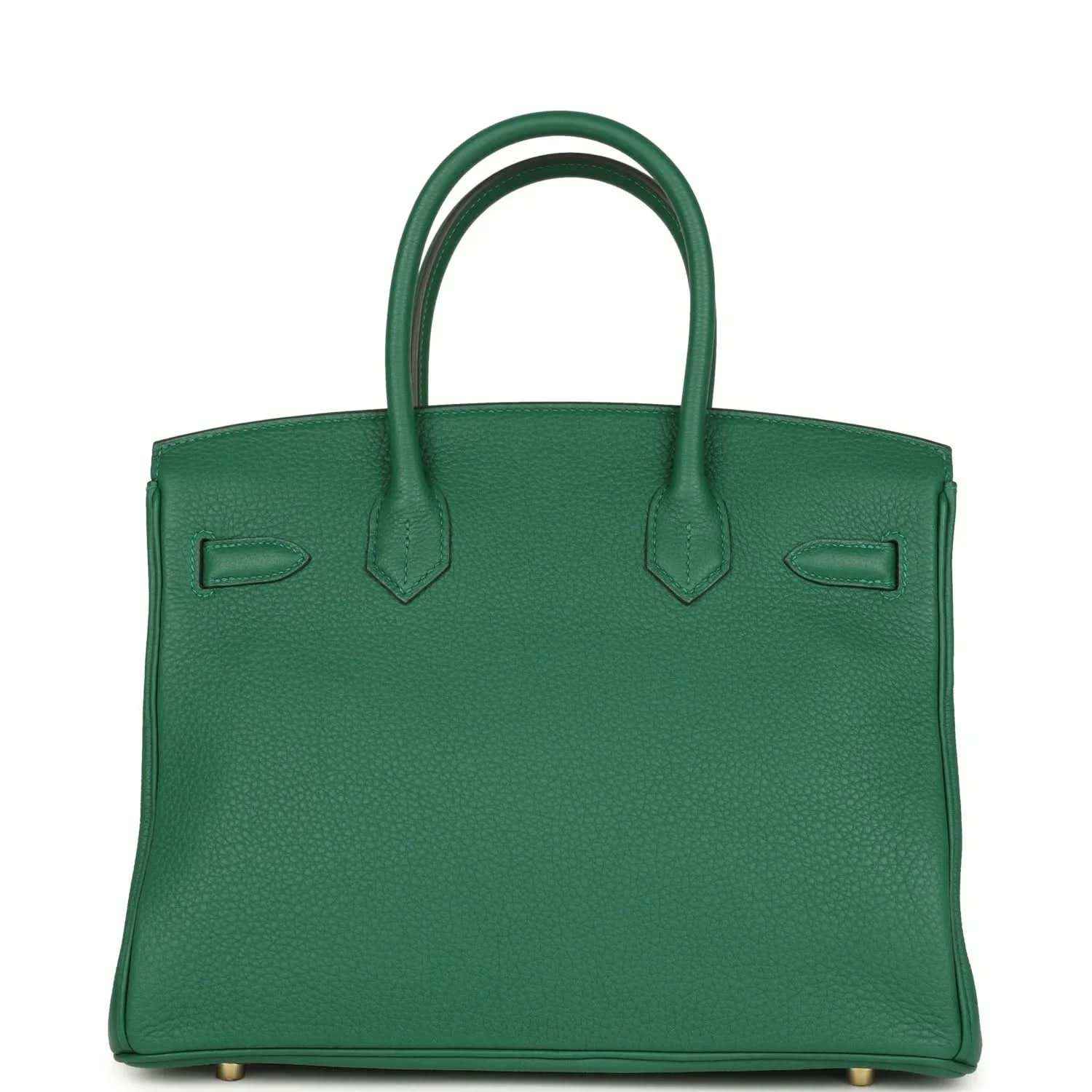 Green Togo leather Birkin handbag back view with flap accents and gold feet