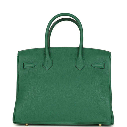 Green Togo leather Birkin handbag back view with flap accents and gold feet