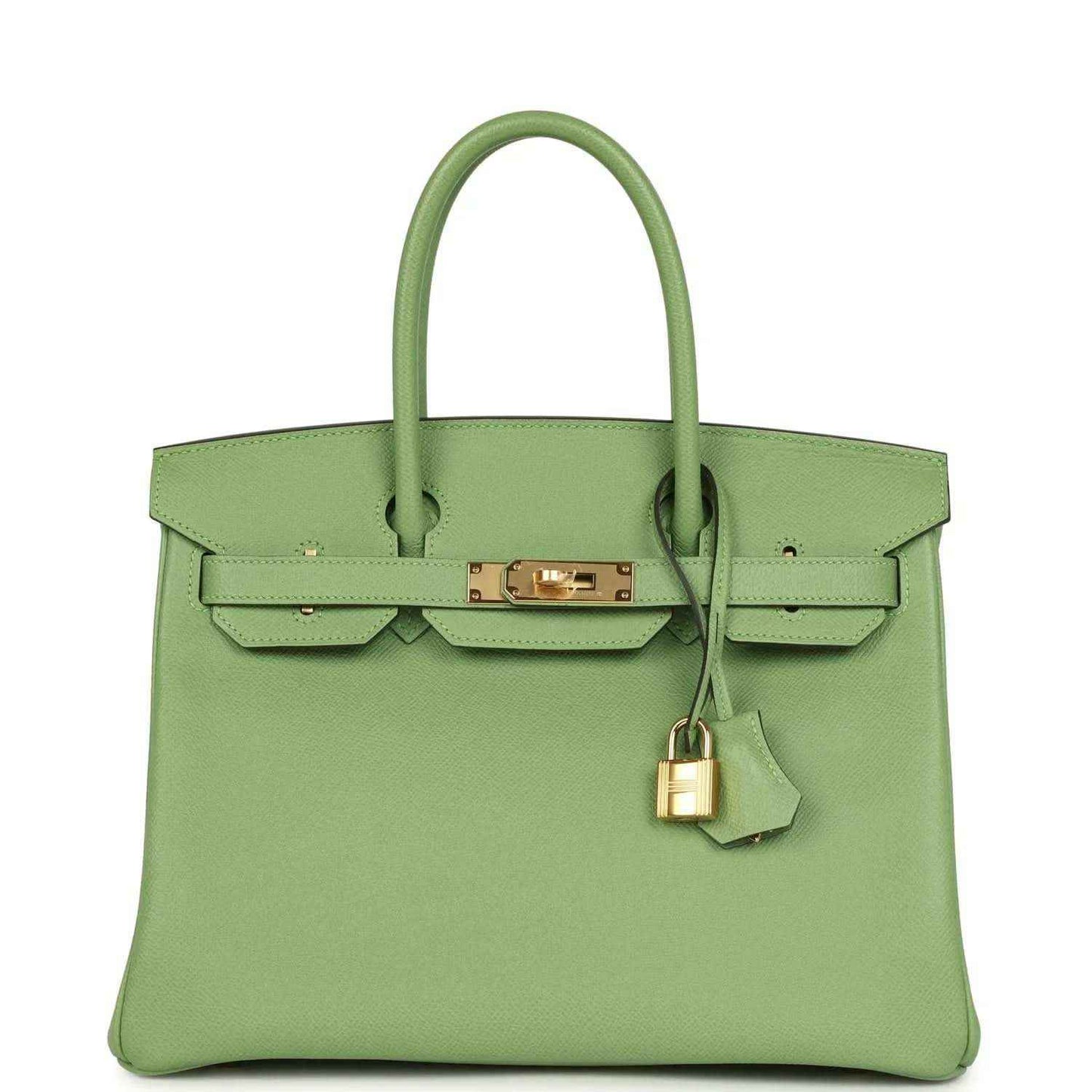Green leather handbag with top handles, front flap and gold-tone clasp