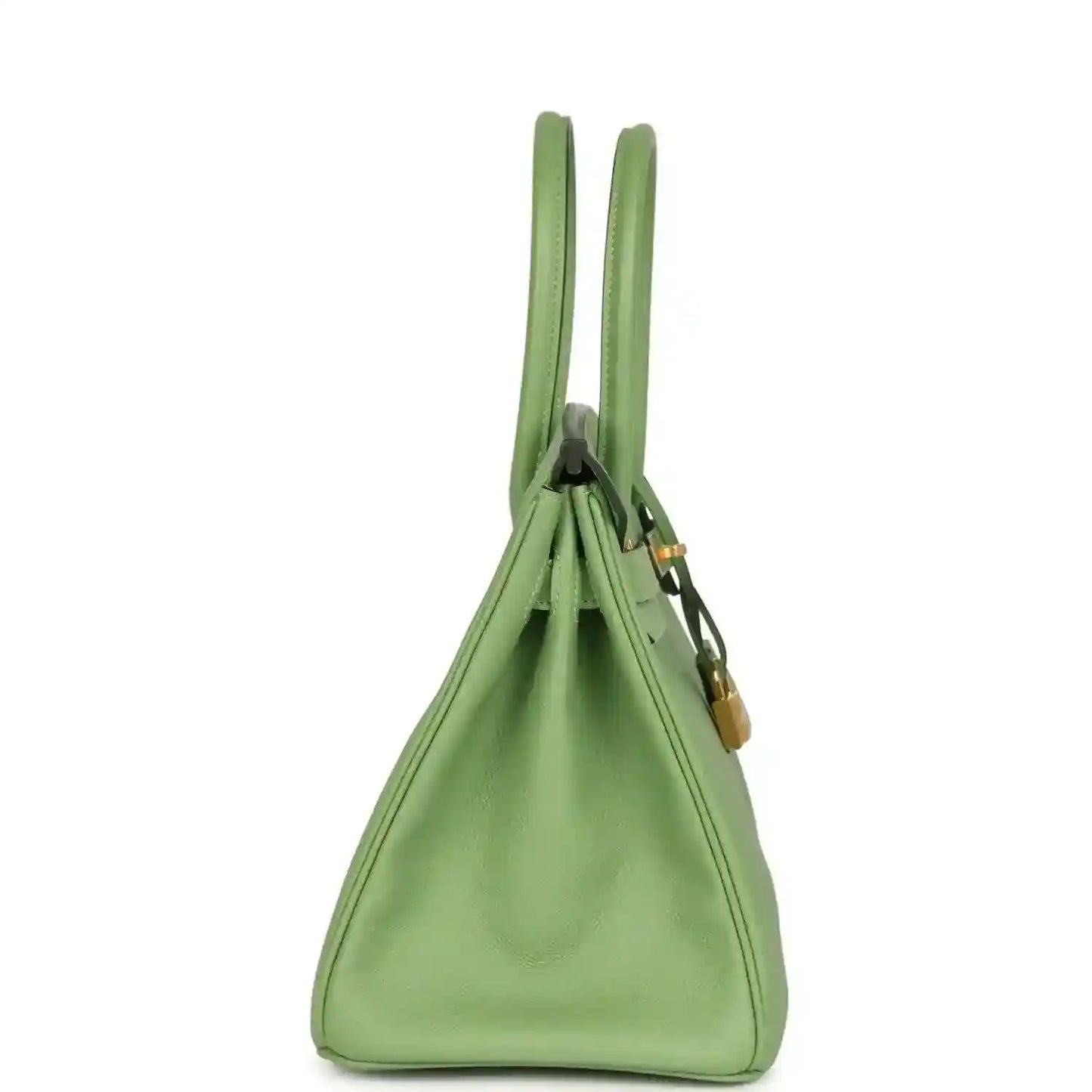 Green leather handbag with two top handles and hanging gold-tone padlock charm