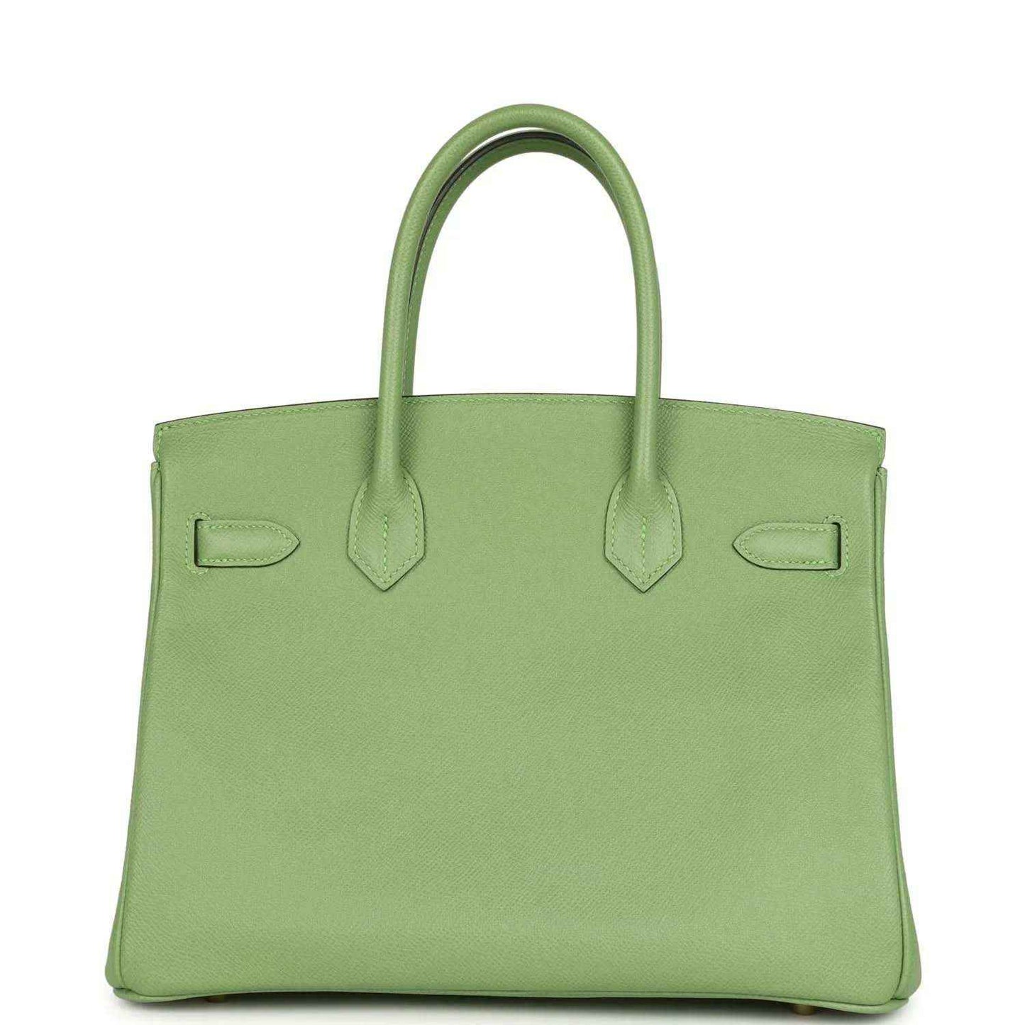 Green leather handbag with top handles and stitched panel detailing