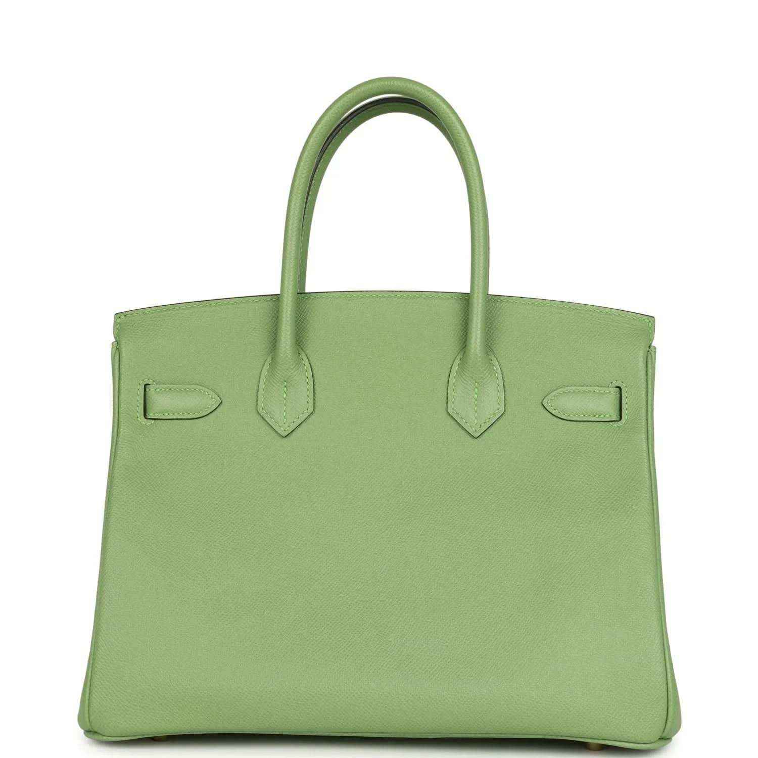 Green leather handbag with top handles and stitched panel detailing