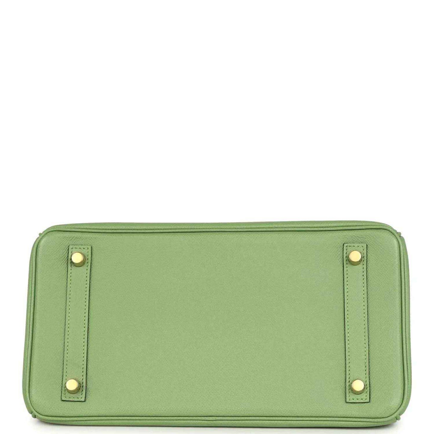 Green leather handbag base with corner stud feet and top handle attachment straps