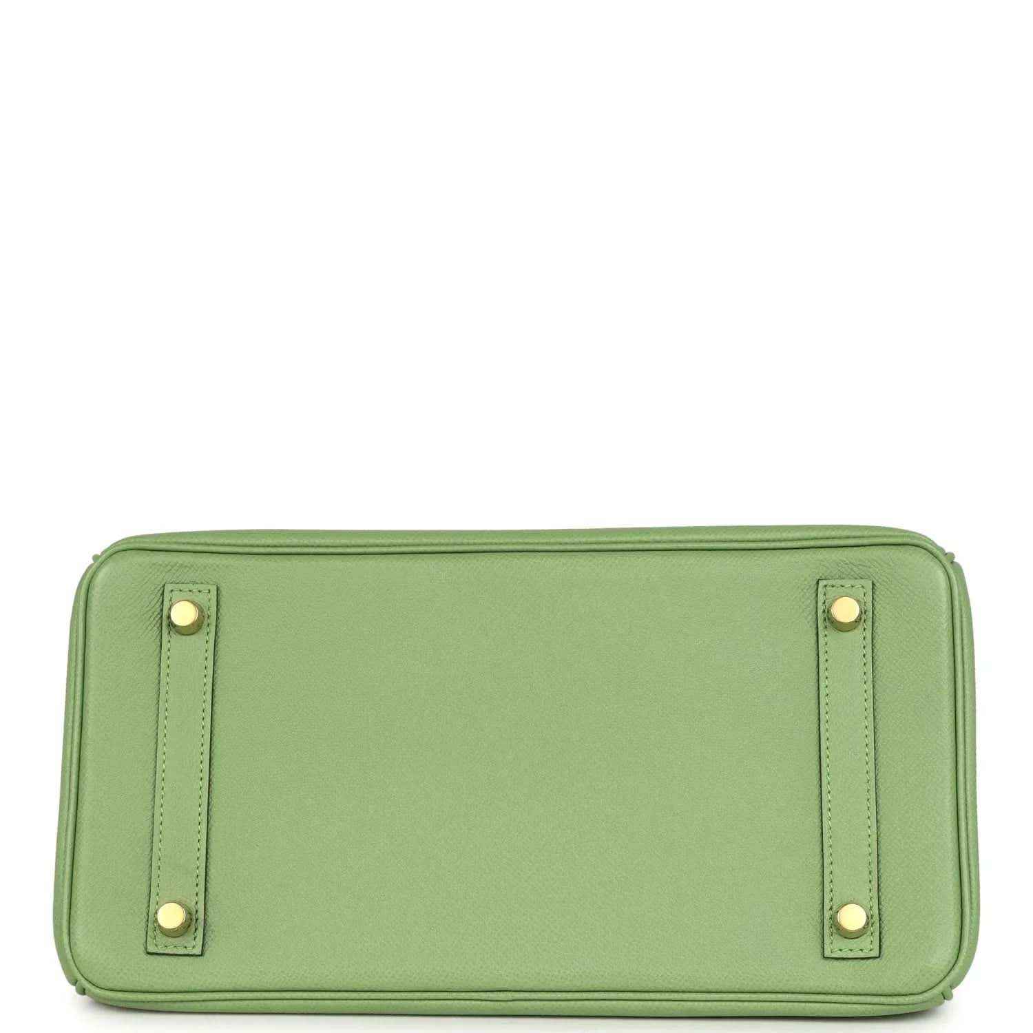 Green leather handbag base with corner stud feet and top handle attachment straps