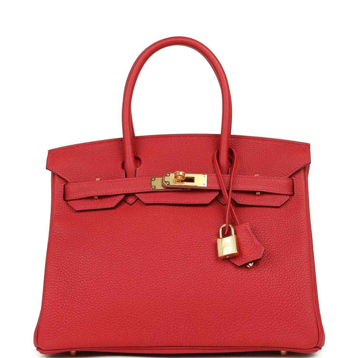 Hermes Birkin 30 handbag in red Togo leather with gold-toned lock and hanging padlock